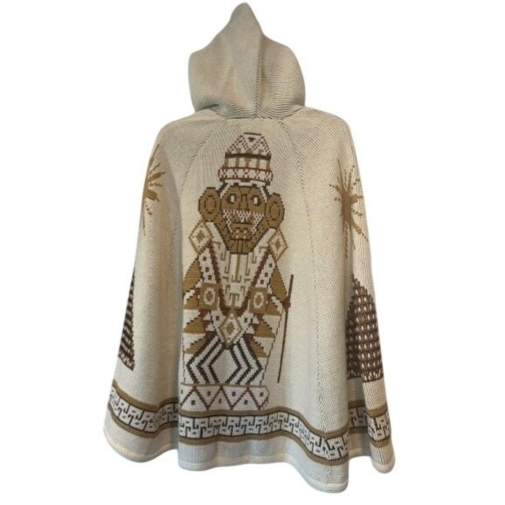 Vintage Sturbridge Hooded Poncho Cream Brown Southwestern Figure Knit One Size